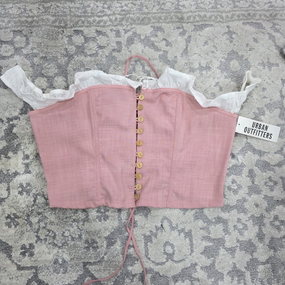 Urban Outfitters Pink Button-Front Crop Top with White Ruffle